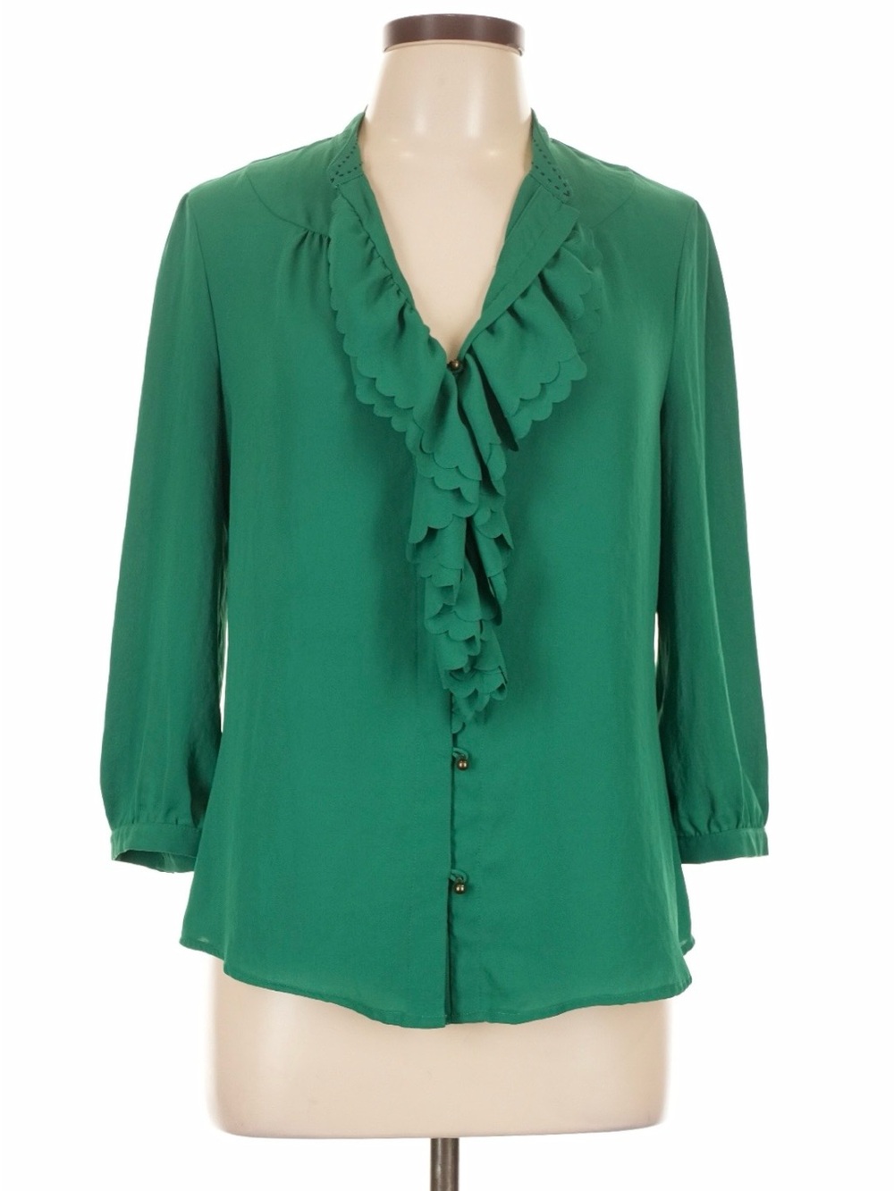 Anthropologie HD in Paris Green Satin Ruffle Blouse Size 6